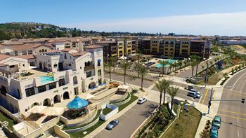 Aerial of community plaza with carousel and pools