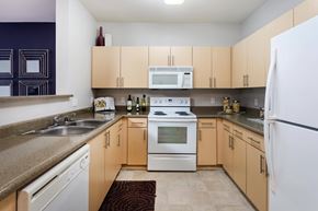 San Diego apartment for rent - Modern kitchen with stainless steel sink and appliances at La Jolla Crossroads Apartments, California