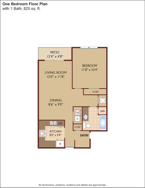 Floor plan for 1 bed, 1 bath, 825 sqft