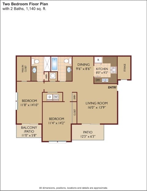 Floor plan for 2 beds, 2 baths, 1140 sqft