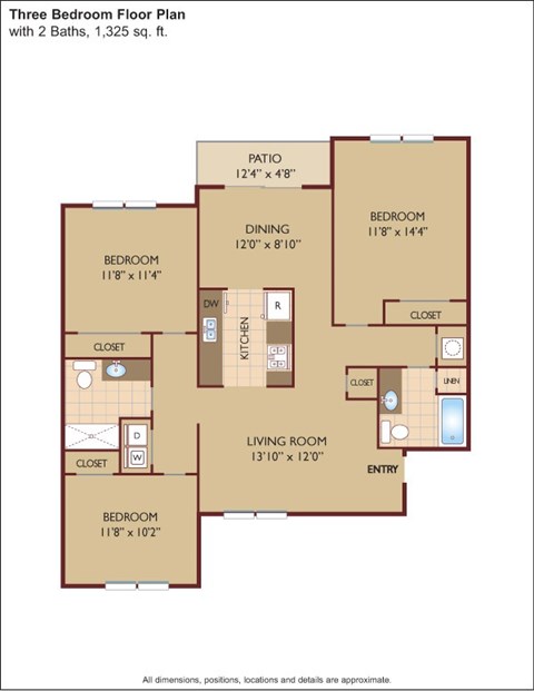 Floor plan for 3 beds, 2 baths, 1325 sqft