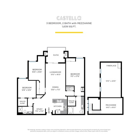 Floor plan for 3 beds, 2 baths, 1639 sqft