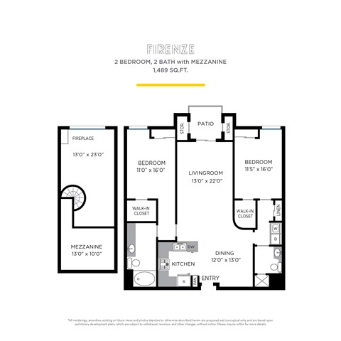 Floor plan for 2 beds, 2 baths, 1489 sqft