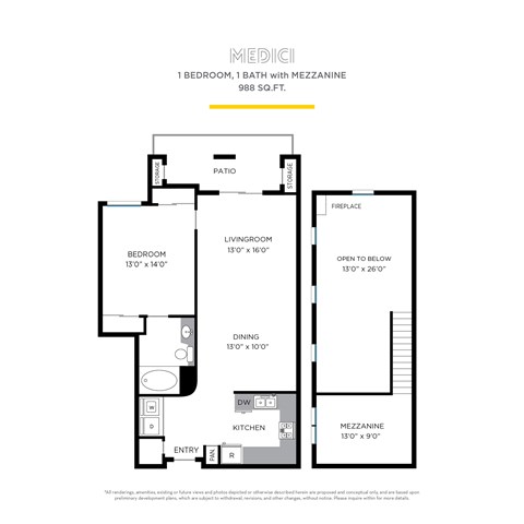 Floor plan for 1 bed, 1 bath, 988 sqft