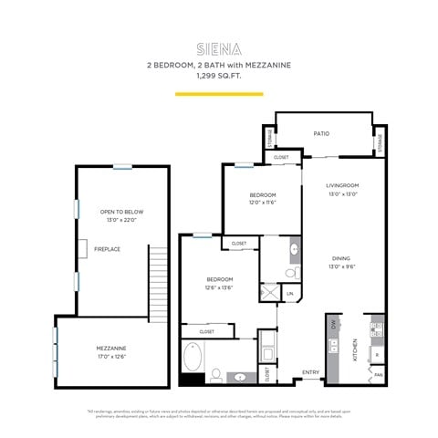 Floor plan for 2 beds, 2 baths, 1299 sqft