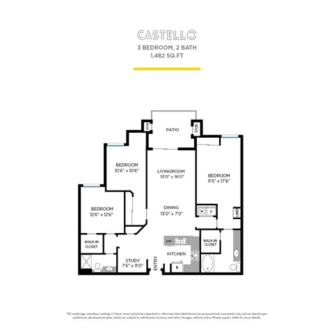 Floor plan for 3 beds, 2 baths, 1482 sqft