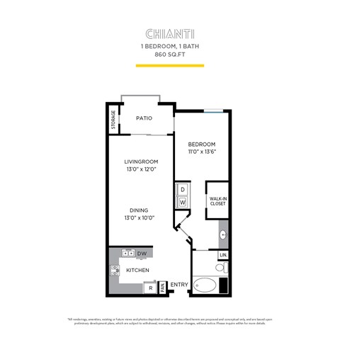 Floor plan for 1 bed, 1 bath, 860 sqft