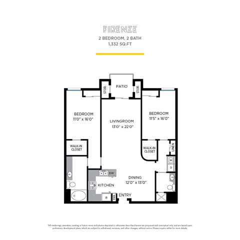 Floor plan for 2 beds, 2 baths, 1332 sqft