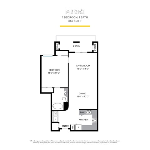 Floor plan for 1 bed, 1 bath, 862 sqft