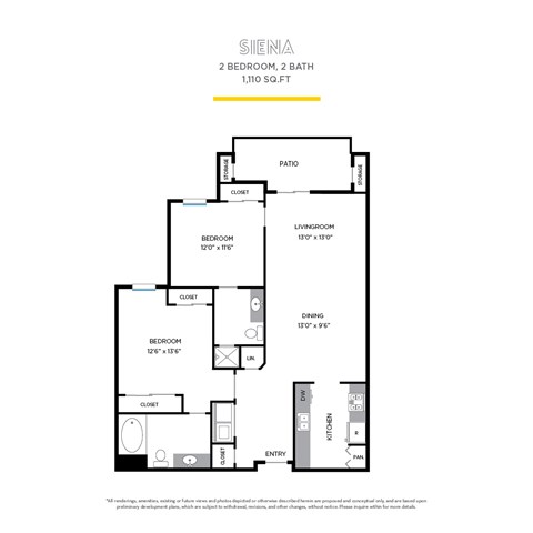 Floor plan for 2 beds, 2 baths, 1110 sqft