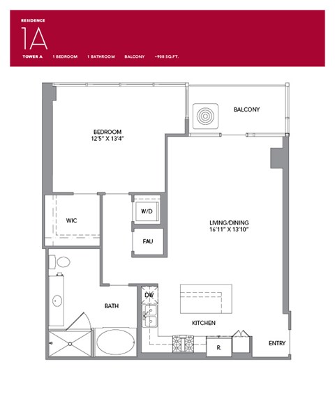 Floor plan for 1 bed, 1 bath, 876 sqft