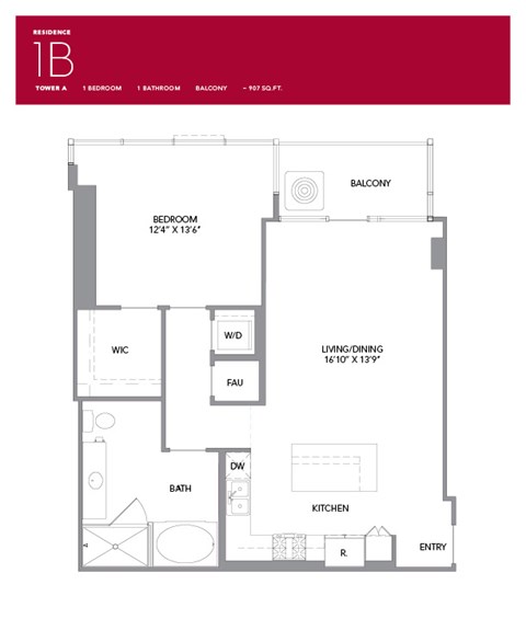 Floor plan for 1 bed, 1 bath, 952 sqft