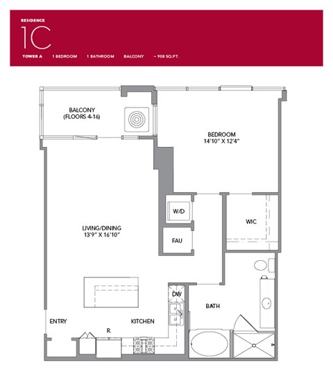 Floor plan for 1 bed, 1 bath, 887 sqft