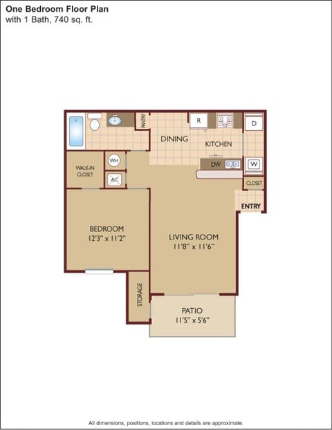 Floor plan for 1 bed, 1 bath, 740 sqft