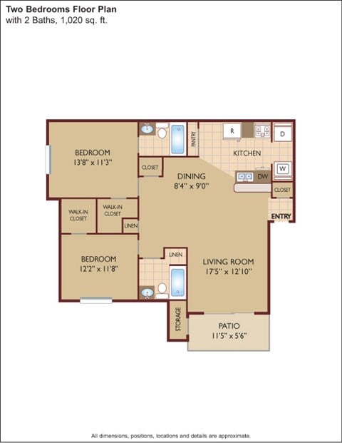 Floor plan for 2 beds, 2 baths, 1020 sqft