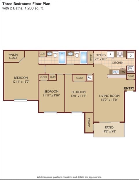 Floor plan for 3 beds, 2 baths, 1200 sqft
