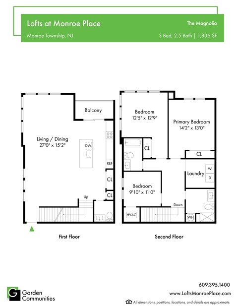Floor plan for 3 beds, 2.5 baths, 1836 sqft