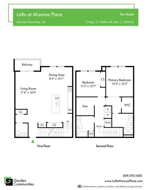 Floor plan for 2 beds, 2.5 baths, 1604 sqft