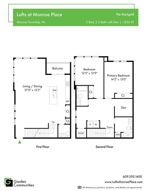 Floor plan for 2 beds, 2.5 baths, 1836 sqft