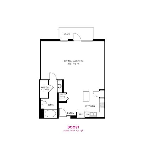 Floor plan for studio, 1 bath, 874 sqft