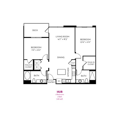 Floor plan for 2 beds, 2 baths, 1198 sqft