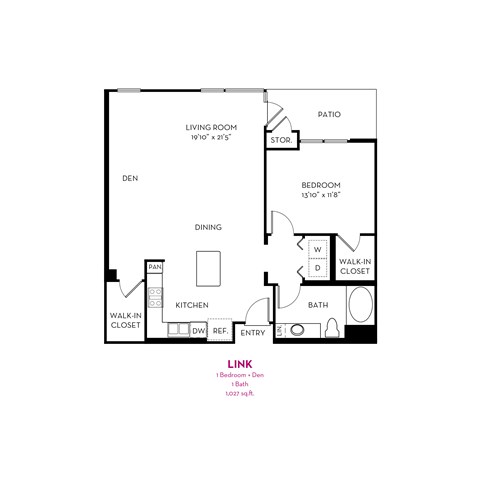 Floor plan for 1 bed, 1 bath, 1027 sqft