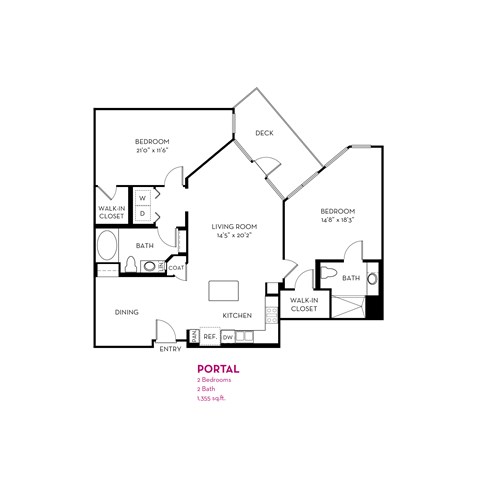 Floor plan for 2 beds, 2 baths, 1355 sqft