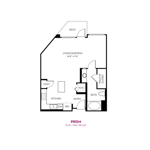 Floor plan for studio, 1 bath, 685 sqft
