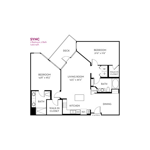 Floor plan for 2 beds, 2 baths, 1423 sqft