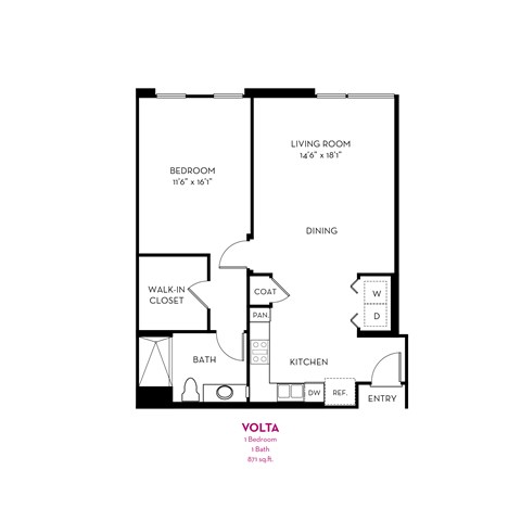 Floor plan for 1 bed, 1 bath, 871 sqft