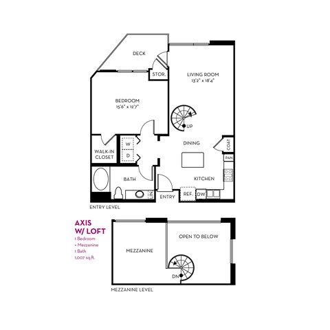 Floor plan for 1 bed, 1 bath, 1007 sqft