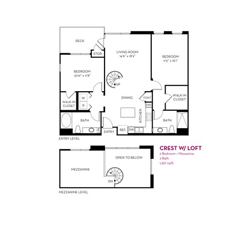 Floor plan for 2 beds, 2 baths, 1397 sqft