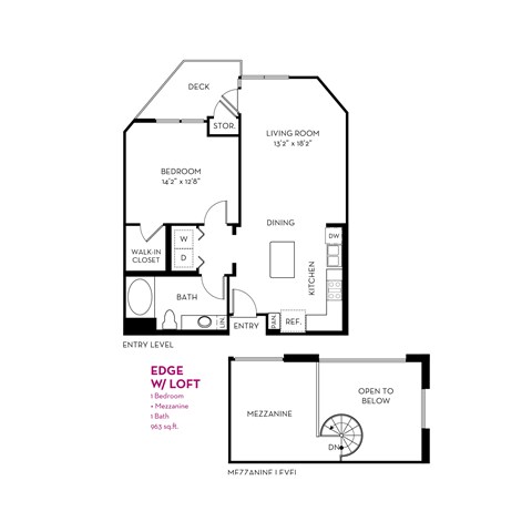 Floor plan for 1 bed, 1 bath, 963 sqft