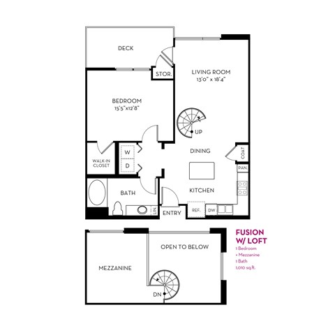 Floor plan for 1 bed, 1 bath, 1010 sqft