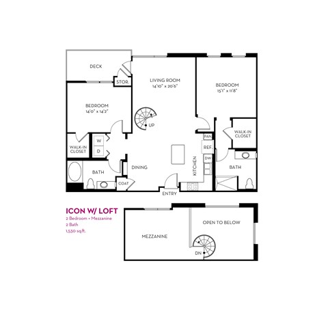 Floor plan for 2 beds, 2 baths, 1530 sqft