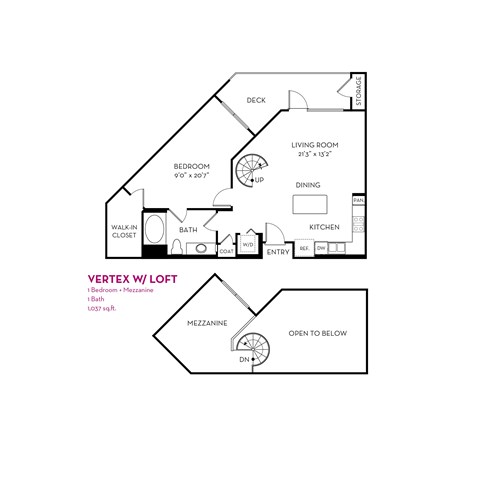 Floor plan for 1 bed, 1 bath, 1037 sqft
