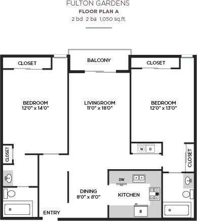 Floor plan for 2 beds, 2 baths, 1050 sqft