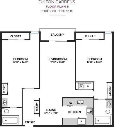 Floor plan for 2 beds, 2 baths, 1050 sqft