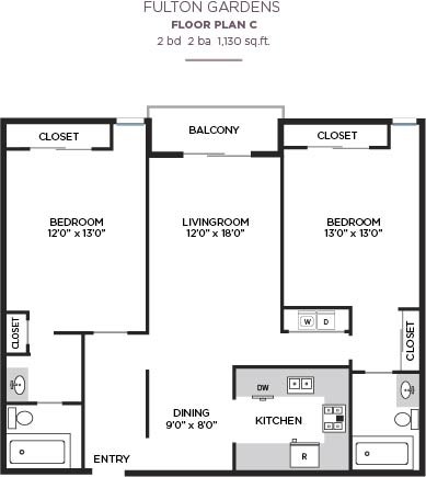 Floor plan for 2 beds, 2 baths, 1130 sqft