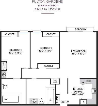 Floor plan for 2 beds, 2 baths, 1130 sqft