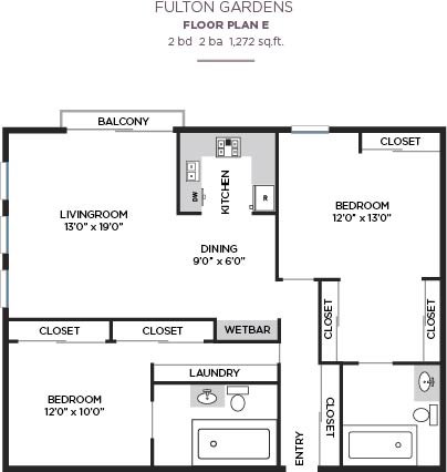Floor plan for 2 beds, 2 baths, 1272 sqft