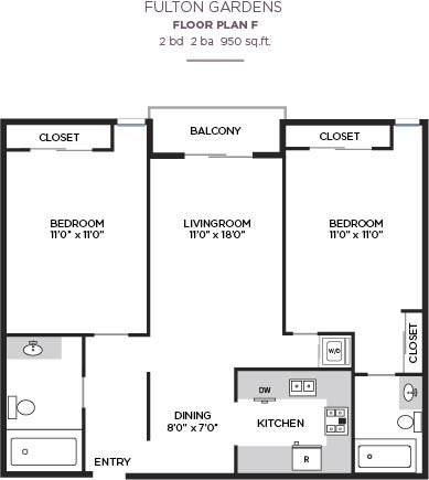 Floor plan for 2 beds, 2 baths, 1050 sqft