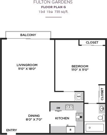 Floor plan for 1 bed, 1 bath, 735 sqft