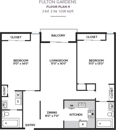Floor plan for 2 beds, 2 baths, 1026 sqft