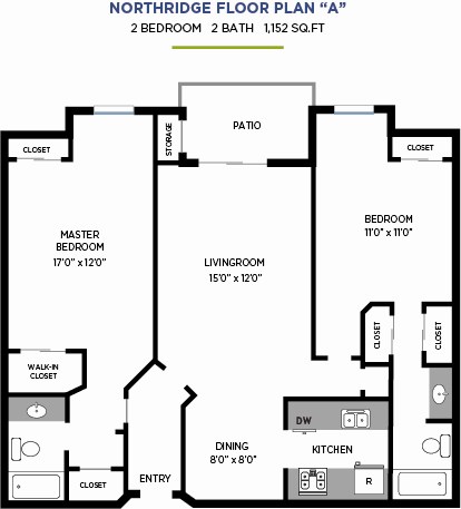 Floor plan for 2 beds, 2 baths, 1152 sqft