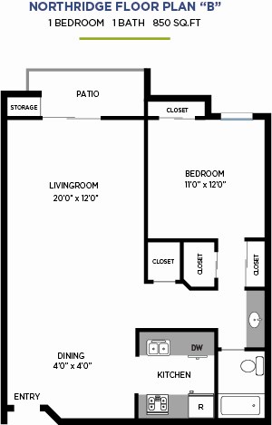 Floor plan for 1 bed, 1 bath, 850 sqft