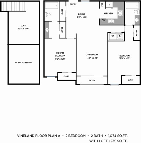 Floor plan for 2 beds, 2 baths, 1235 sqft