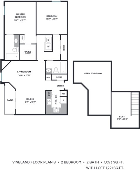 Floor plan for 2 beds, 2 baths, 1053 sqft