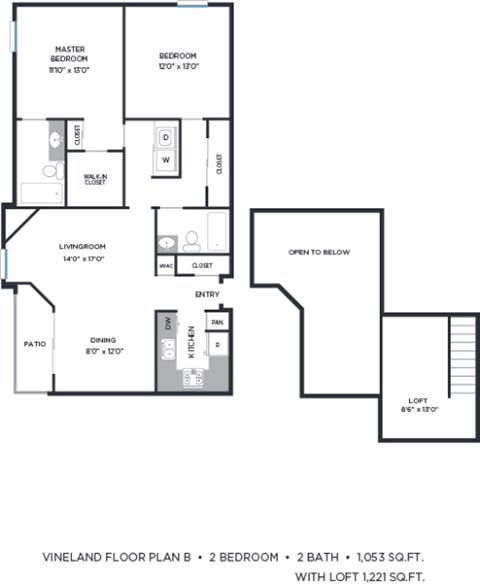 Floor plan for 2 beds, 2 baths, 1221 sqft