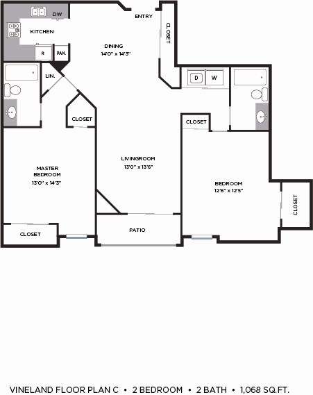 Floor plan for 2 beds, 2 baths, 1068 sqft